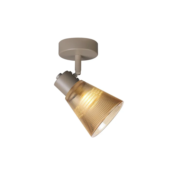 AMBRA 1 G9 ceiling spot light in beige with amber ribbed glass shade, 1 head, lit