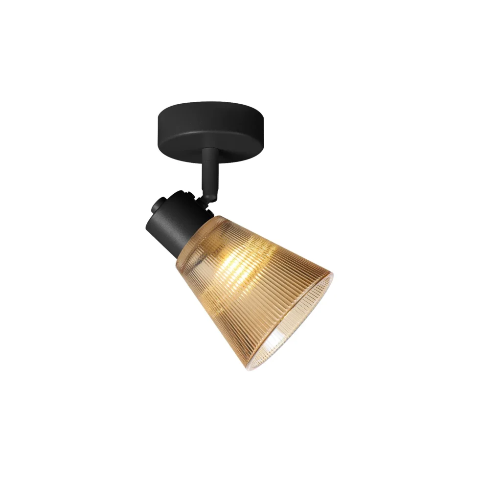 AMBRA 1 G9 ceiling spot light in sand black with amber ribbed glass shade, 1 head, lit