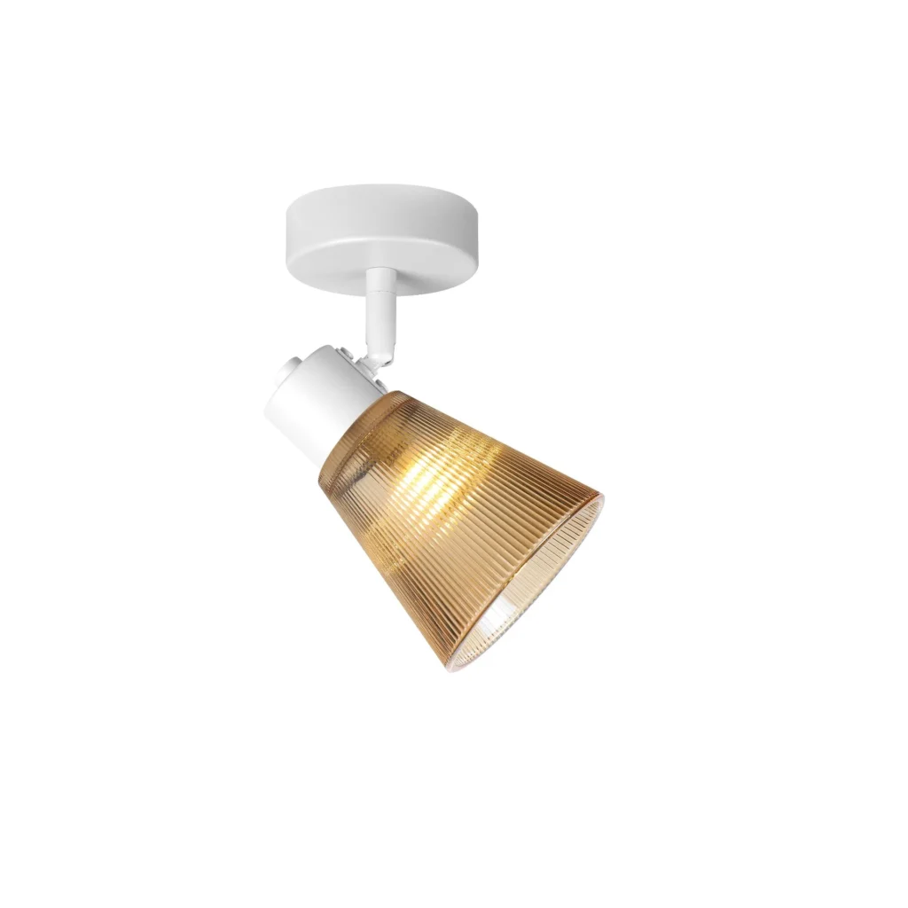 AMBRA 1 G9 ceiling spot light in sand white with amber ribbed glass shade, 1 head, lit