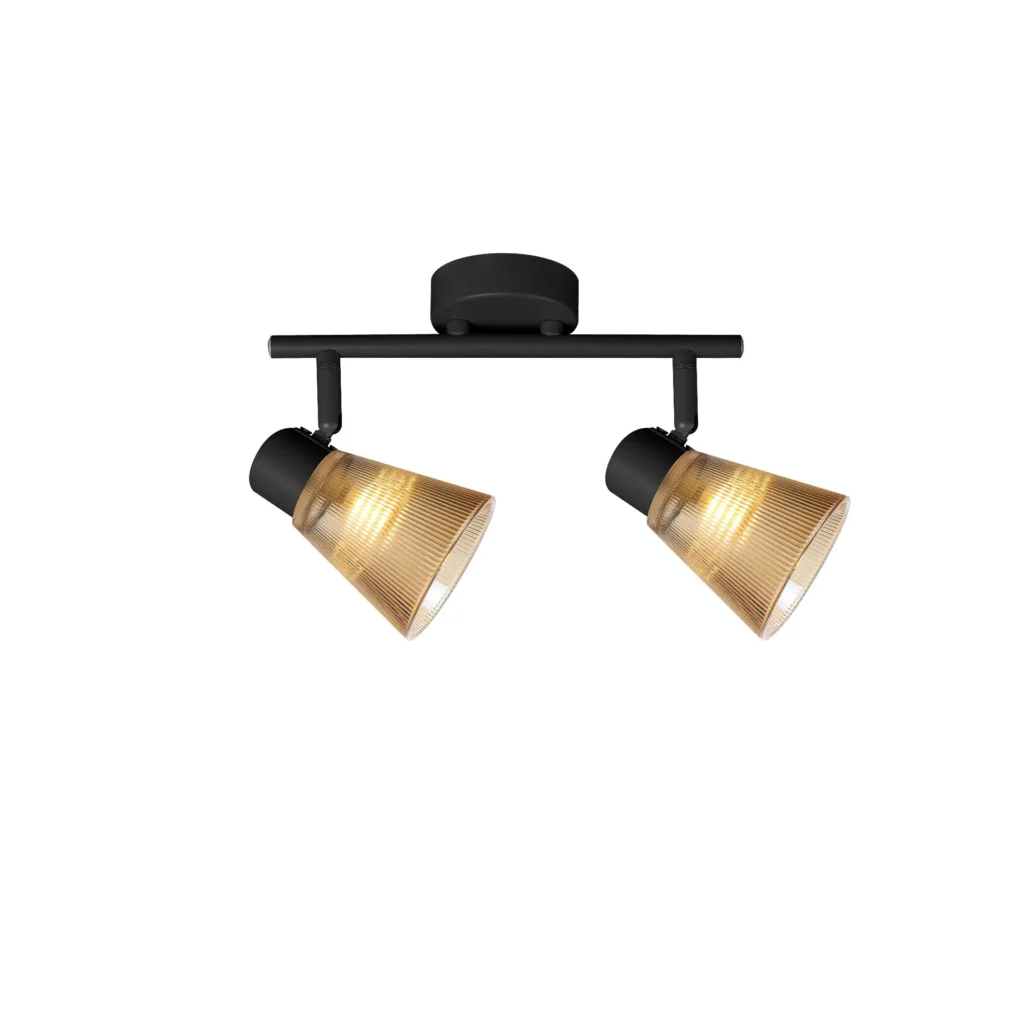 AMBRA 2 G9 ceiling spot light in sand black with amber ribbed glass shade, 2 heads, lit