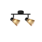 AMBRA 2 G9 ceiling spot light in sand black with amber ribbed glass shade, 2 heads, lit