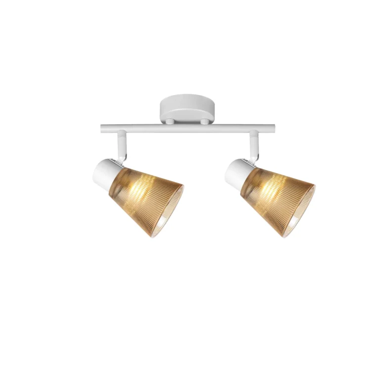 AMBRA 2 G9 ceiling spot light in sand white with amber ribbed glass shade, 2 heads, lit