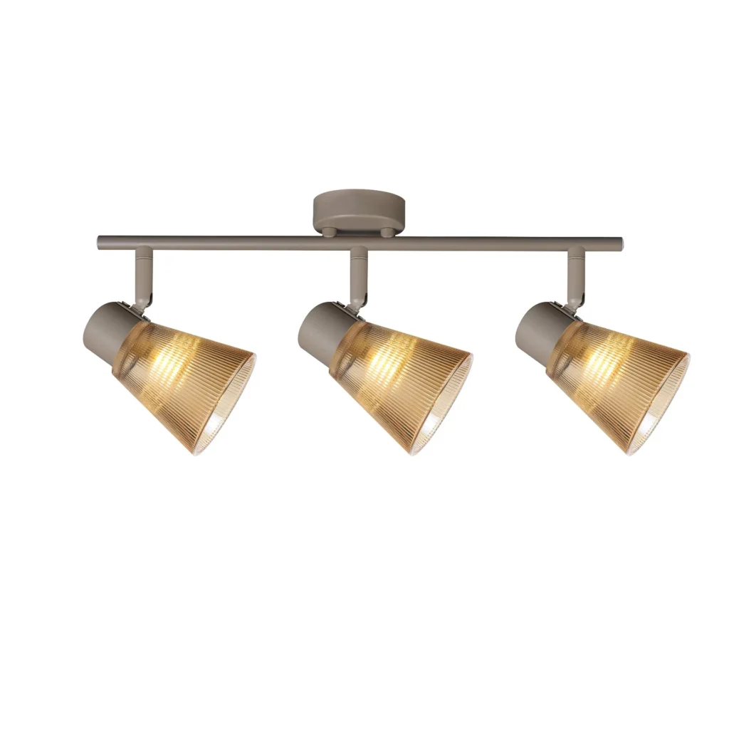 AMBRA 3 G9 ceiling spot light in beige with amber ribbed glass shade, 3 heads, lit