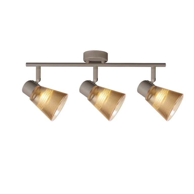 AMBRA 3 G9 ceiling spot light in beige with amber ribbed glass shade, 3 heads, lit