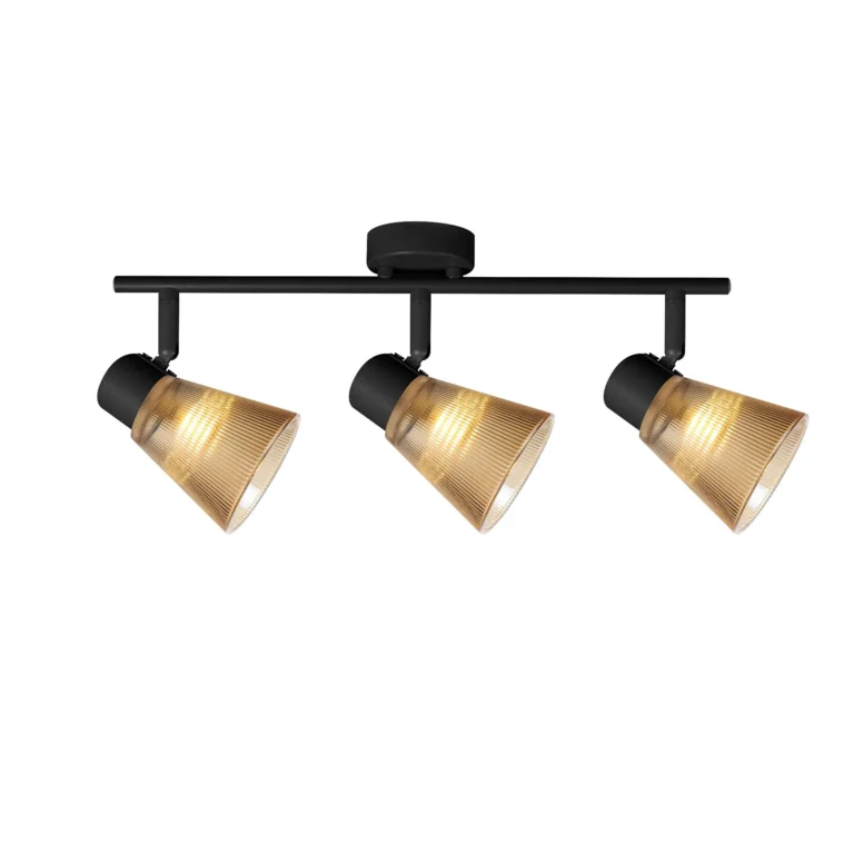 AMBRA 3 G9 ceiling spot light in sand black with amber ribbed glass shade, 3 heads, lit