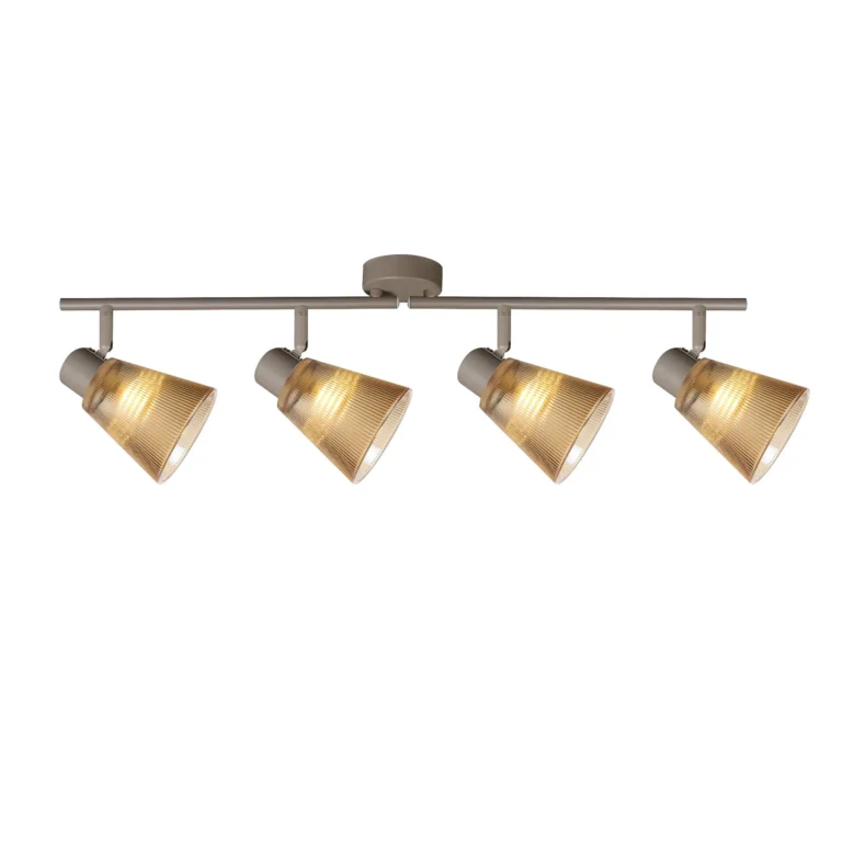AMBRA 4 G9 ceiling spot light in beige with amber ribbed glass shade, 4 heads, lit
