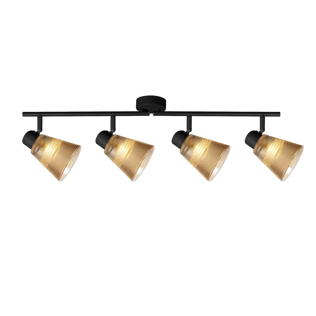 AMBRA 4 G9 ceiling spot light in sand black with amber ribbed glass shade, 4 heads, lit