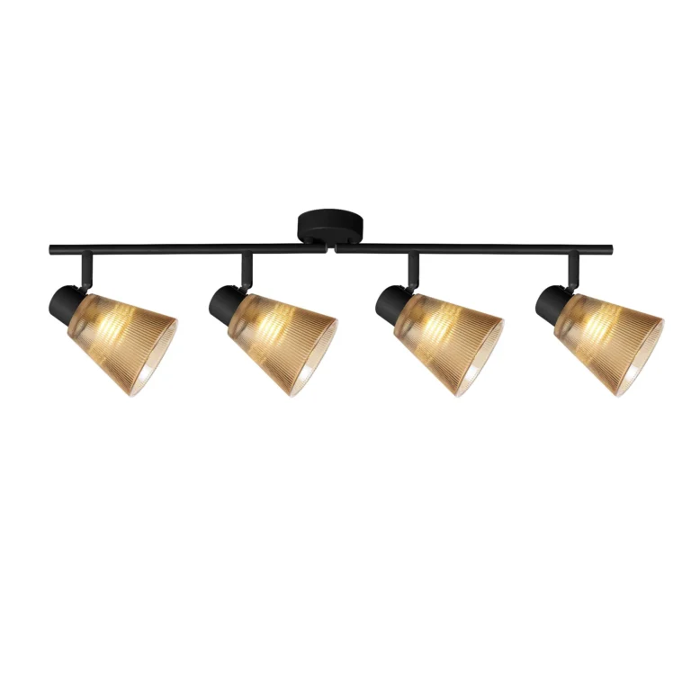 AMBRA 4 G9 ceiling spot light in sand black with amber ribbed glass shade, 4 heads, lit