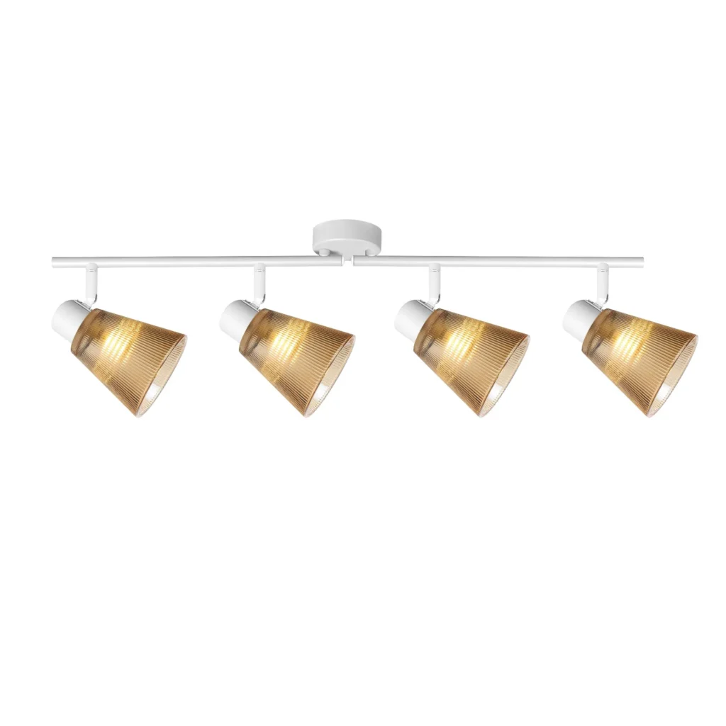 AMBRA 4 G9 ceiling spot light in sand white with amber ribbed glass shade, 4 heads, lit