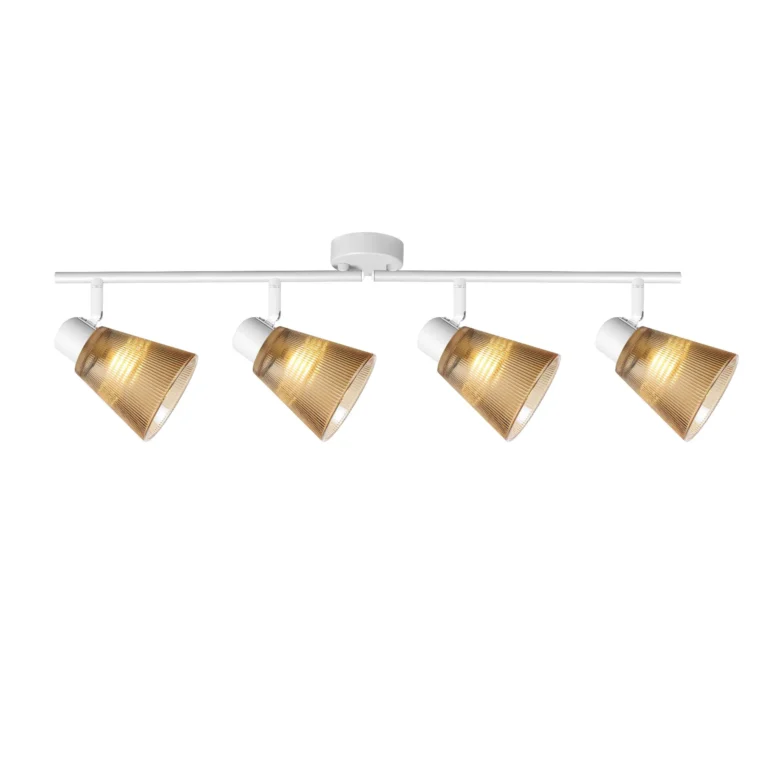 AMBRA 4 G9 ceiling spot light in sand white with amber ribbed glass shade, 4 heads, lit