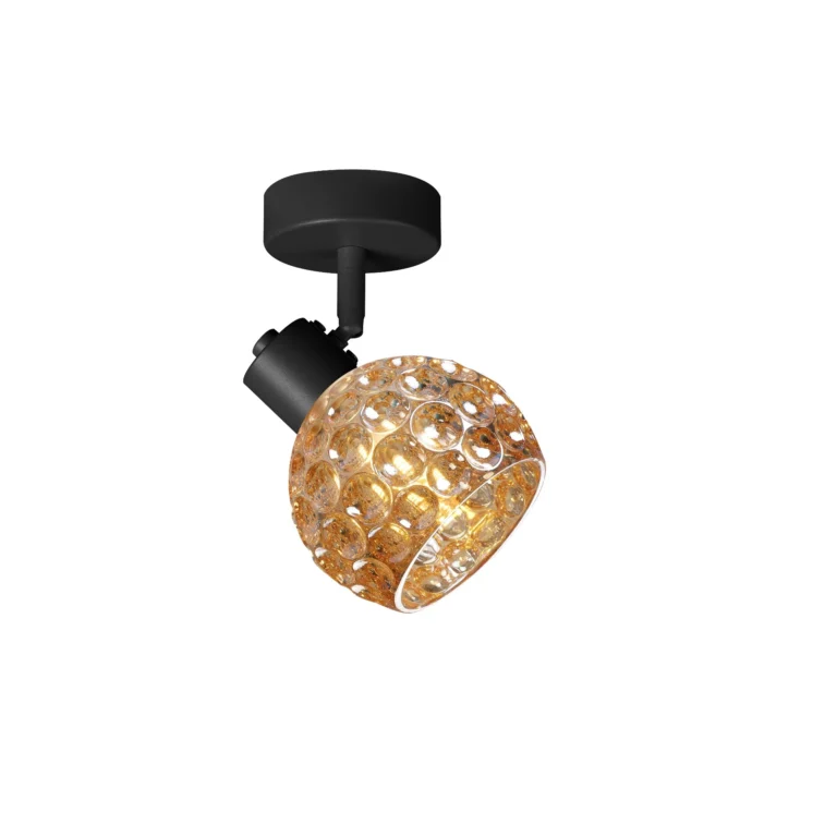 BUBBLE 1 G9 Ceiling Spot Light BK in sand black with amber bubble-textured glass shade, 1 head, lit