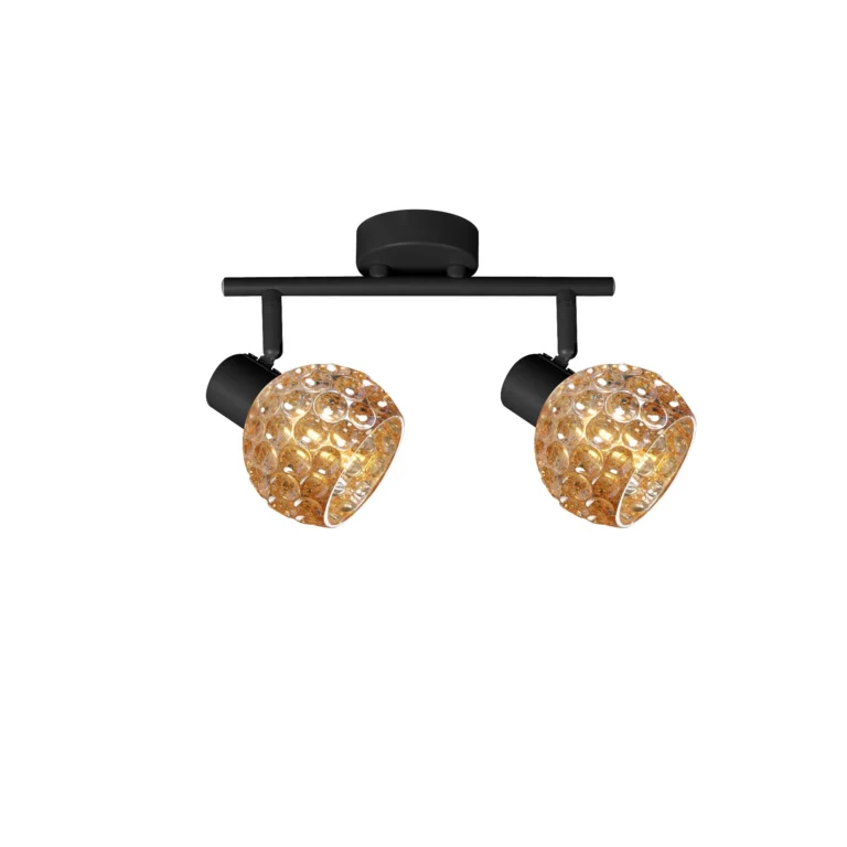 BUBBLE 2 G9 Ceiling Spot Light BK in sand black with amber bubble-textured glass shade, 2 heads, lit