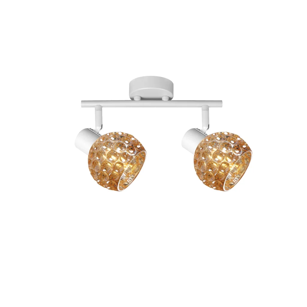 BUBBLE 2 G9 Ceiling Spot Light WH in sand white with amber bubble-textured glass shade, 2 heads, lit