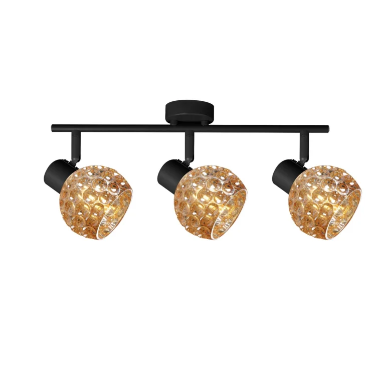 BUBBLE 3 G9 Ceiling Spot Light BK in sand black with amber bubble-textured glass shade, 3 heads, lit