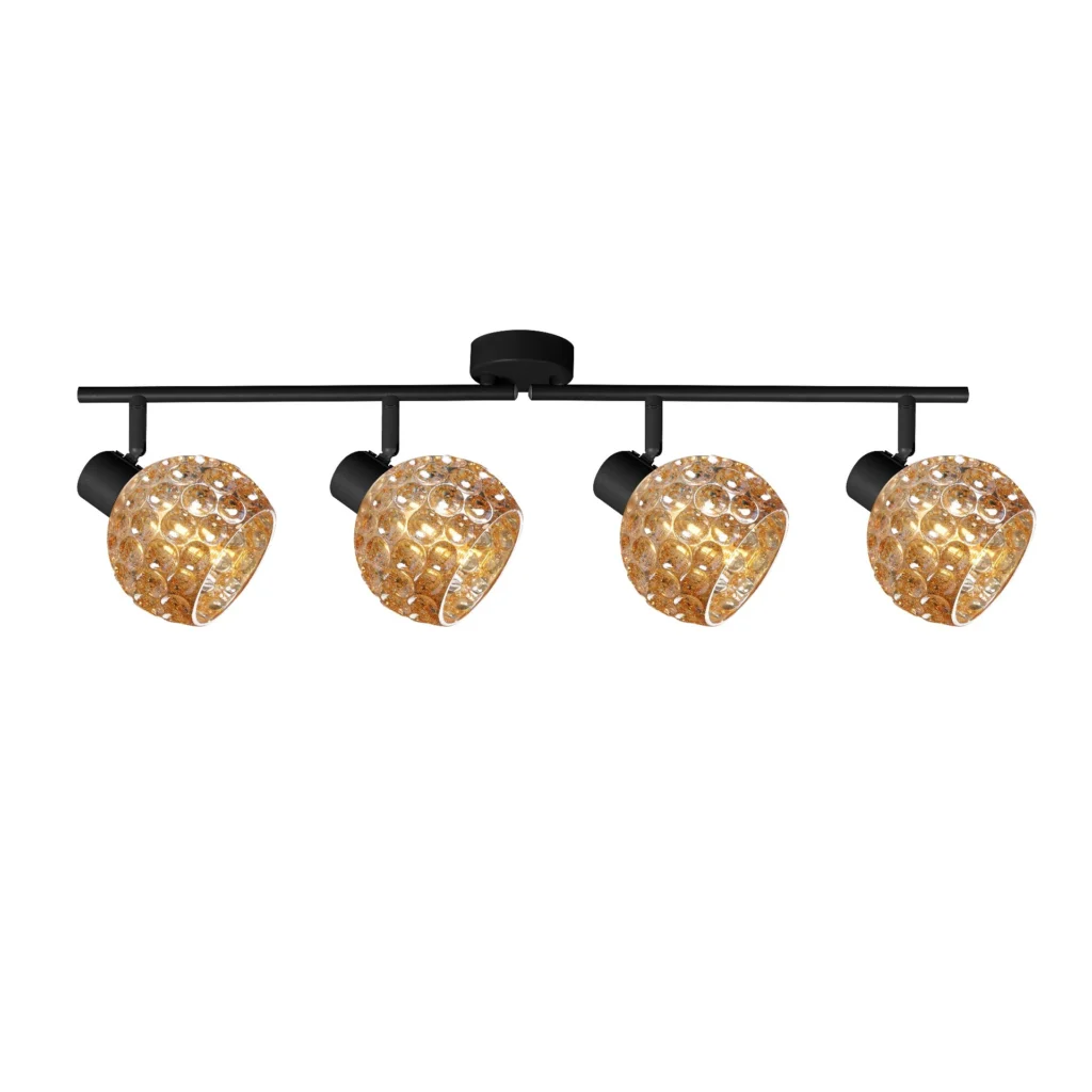 BUBBLE 4 G9 Ceiling Spot Light BK in sand black with amber bubble-textured glass shade, 4 heads, lit