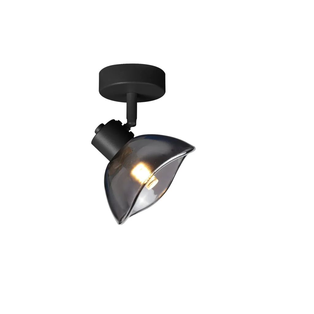 CALLA 1 G9 ceiling spot light in sand black with smoked glass petal shade, 1 head, lit