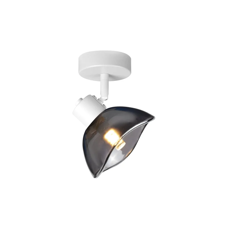 CALLA 1 G9 ceiling spot light in sand white with smoked glass petal shade, 1 head, lit