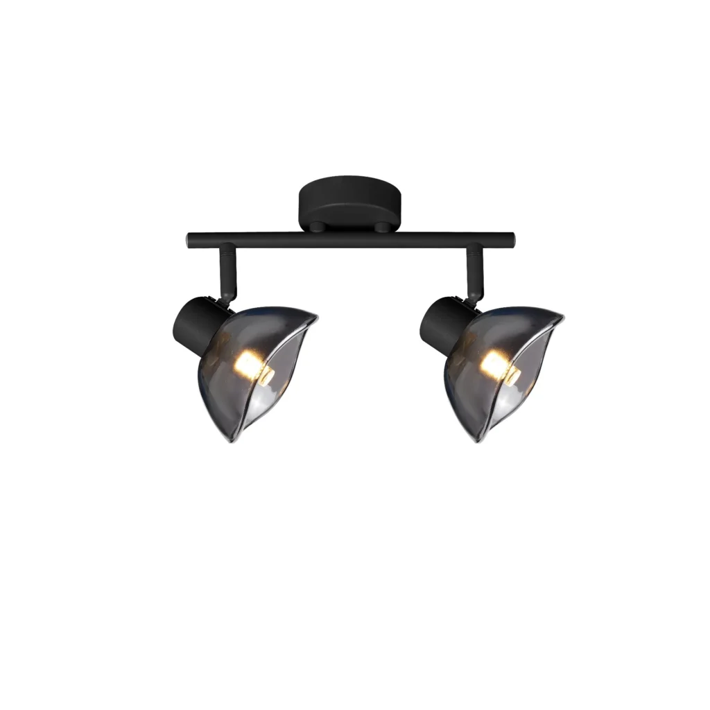 CALLA 2 G9 ceiling spot light in sand black with smoked glass petal shade, 2 heads, lit