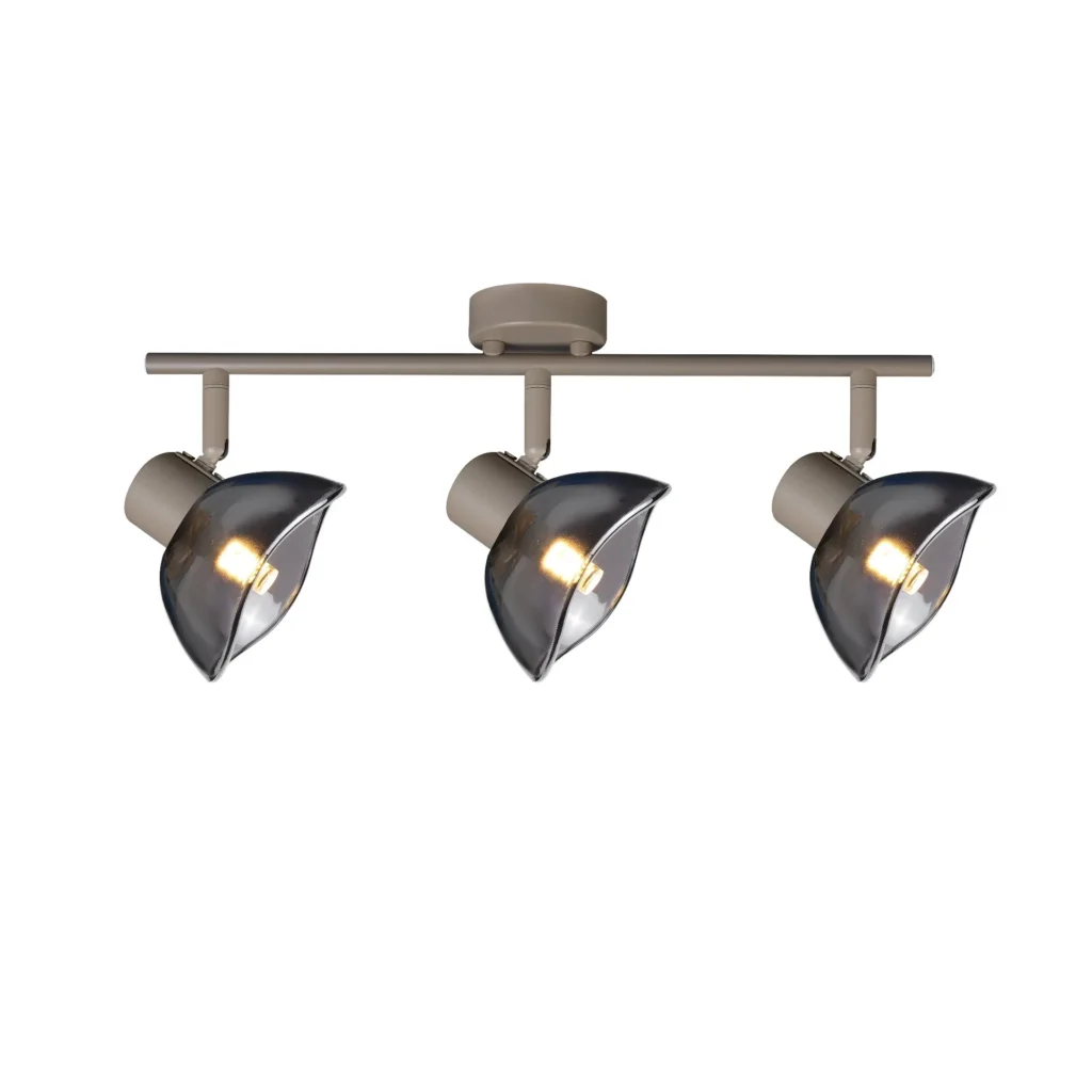 CALLA 3 G9 ceiling spot light in beige with smoked glass petal shade, 3 heads, lit