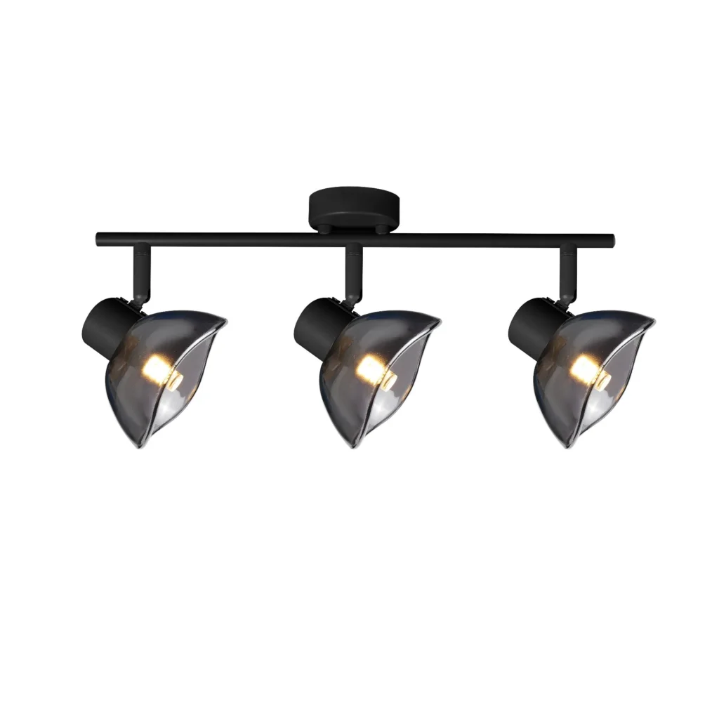 CALLA 3 G9 ceiling spot light in sand black with smoked glass petal shade, 3 heads, lit