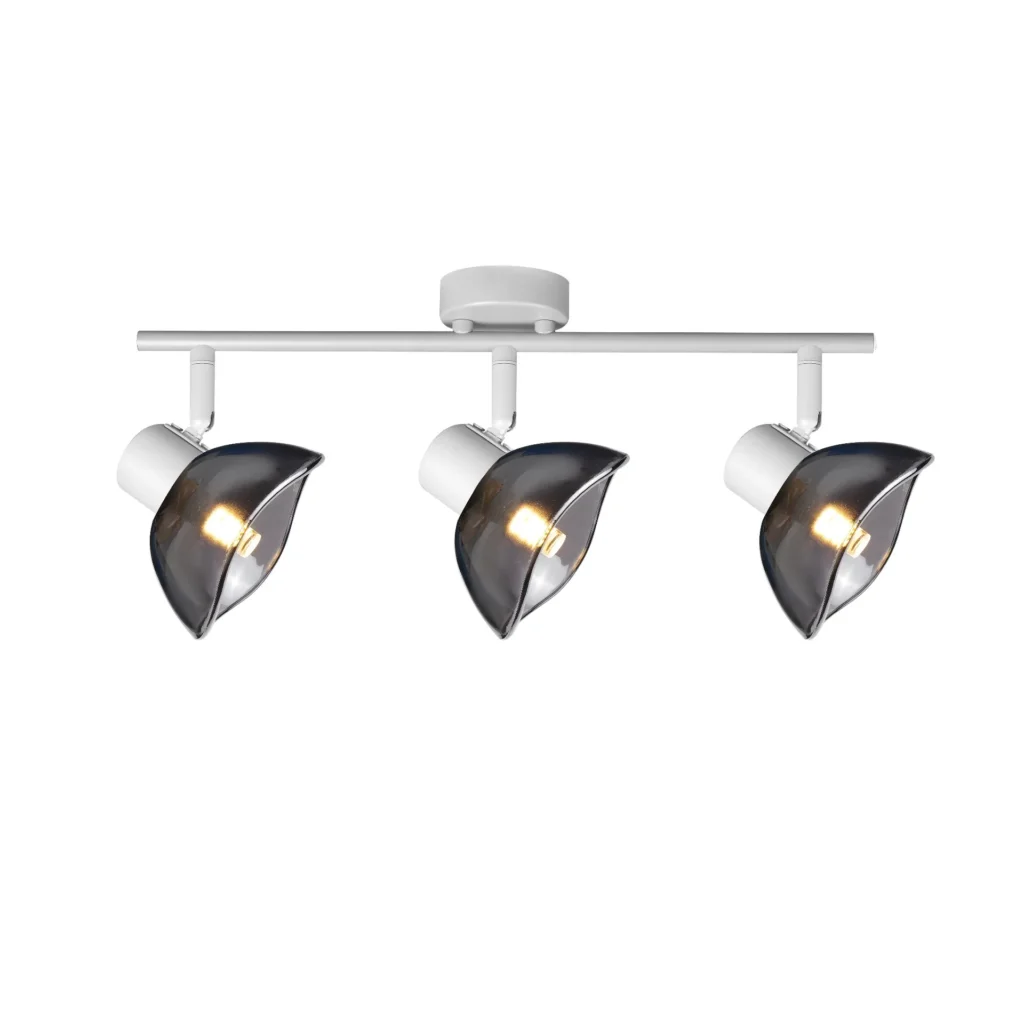 CALLA 3 G9 ceiling spot light in sand white with smoked glass petal shade, 3 heads, lit