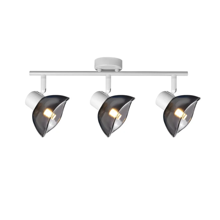 CALLA 3 G9 ceiling spot light in sand white with smoked glass petal shade, 3 heads, lit