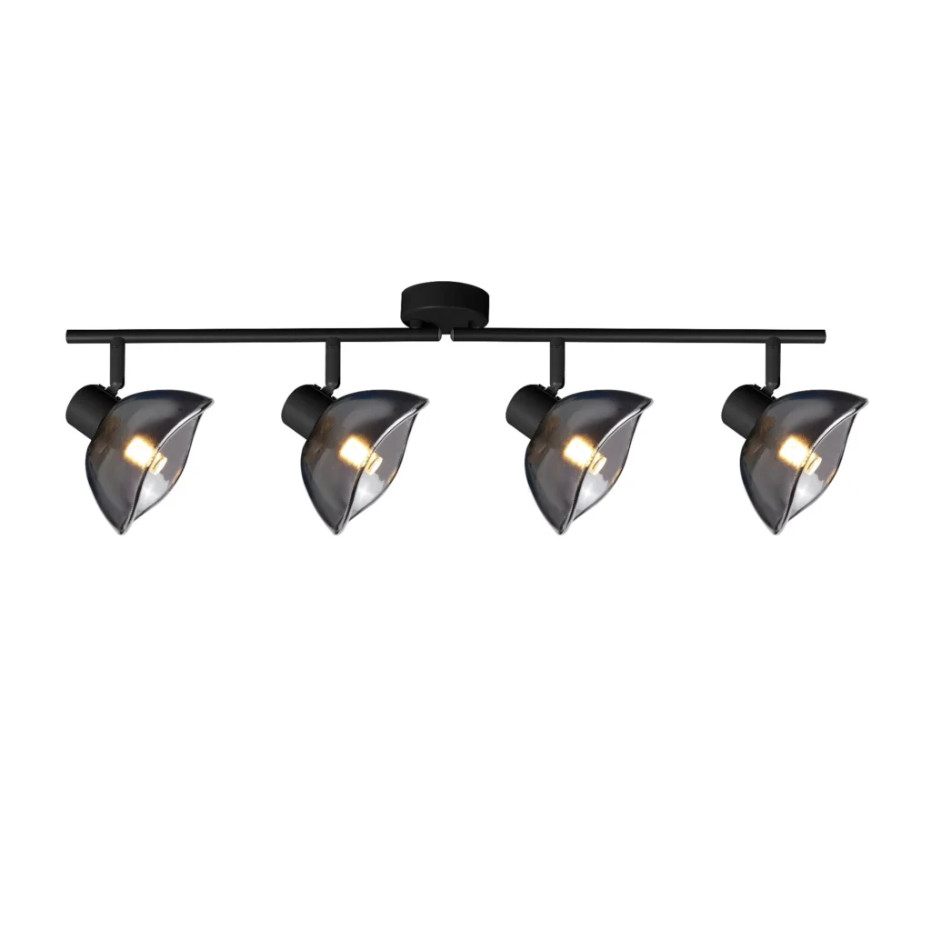 CALLA 4 G9 ceiling spot light in sand black with smoked glass petal shade, 4 heads, lit