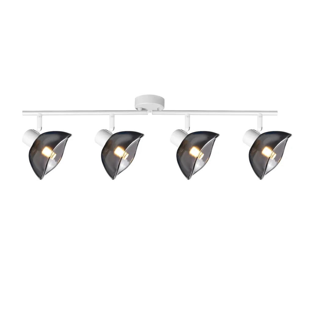 CALLA 4 G9 ceiling spot light in sand white with smoked glass petal shade, 4 heads, lit