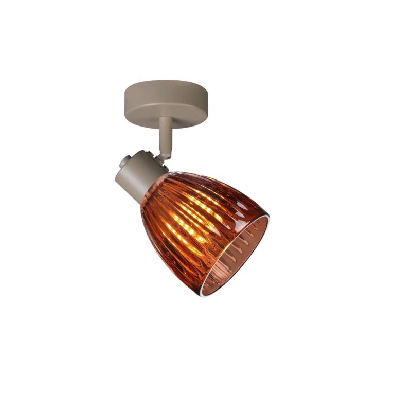COGNAC 1 E14 Ceiling Spot Light BEI in beige with cognac ribbed glass shade, 1 head, lit