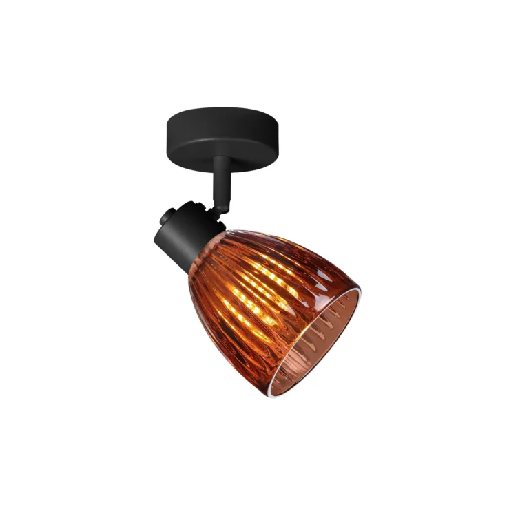 COGNAC 1 E14 Ceiling Spot Light BK in sand black with cognac ribbed glass shade, 1 head, lit