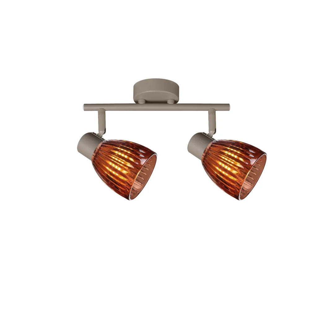 COGNAC 2 E14 Ceiling Spot Light BEI in beige with cognac ribbed glass shade, 2 heads, lit