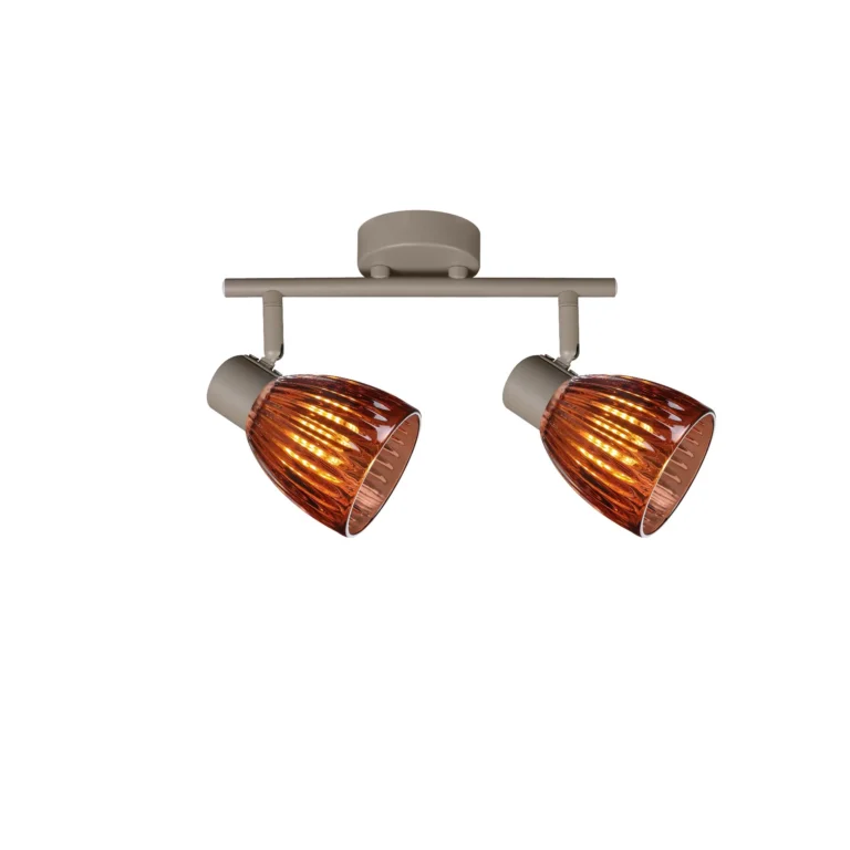COGNAC 2 E14 Ceiling Spot Light BEI in beige with cognac ribbed glass shade, 2 heads, lit