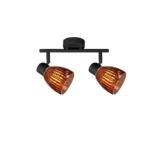 COGNAC 2 E14 Ceiling Spot Light BK in sand black with cognac ribbed glass shade, 2 heads, lit