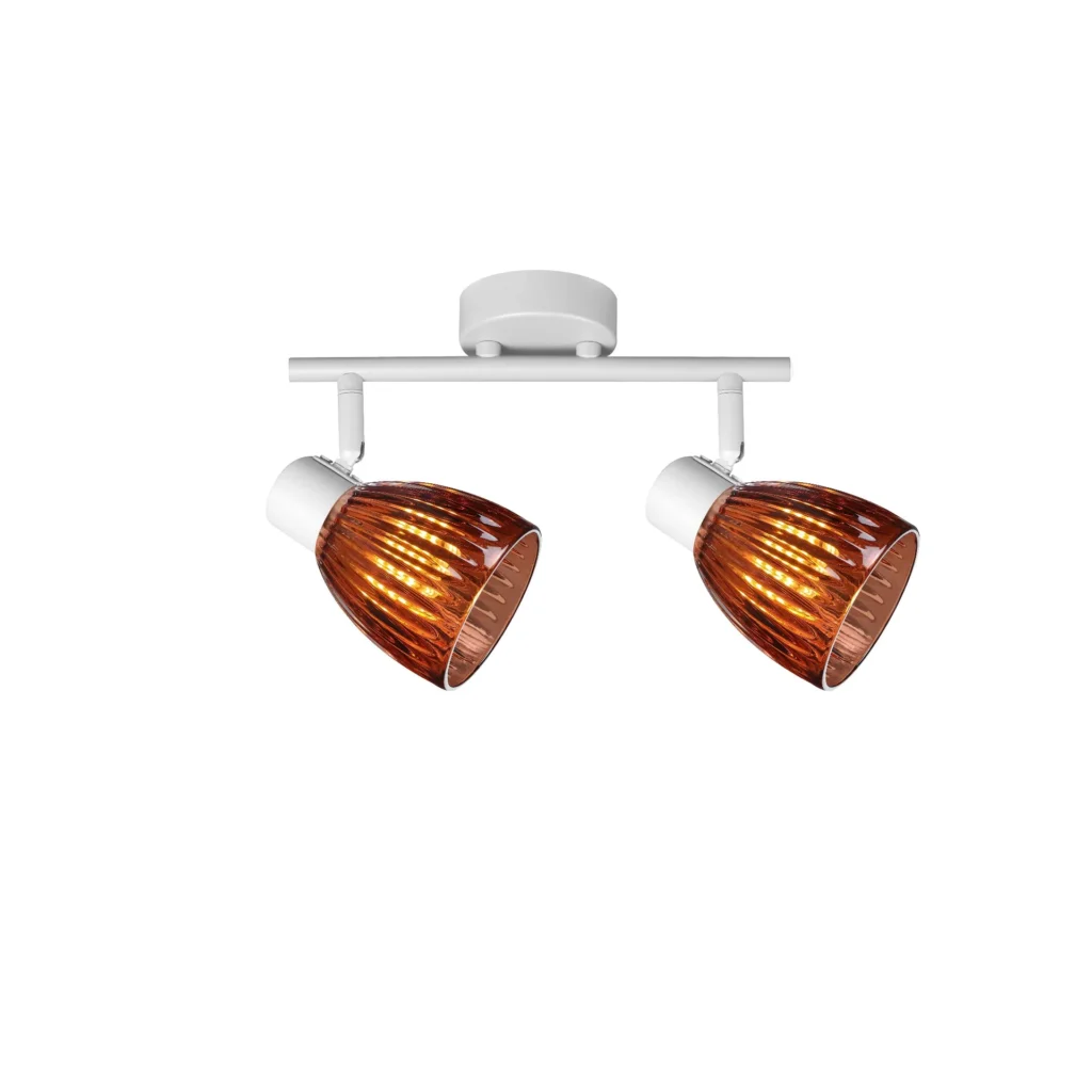 COGNAC 2 E14 Ceiling Spot Light WH in sand white with cognac ribbed glass shade, 2 heads, lit