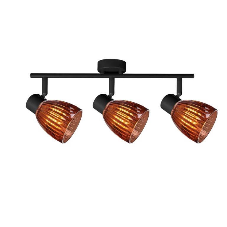 COGNAC 3 E14 Ceiling Spot Light BK in sand black with cognac ribbed glass shade, 3 heads, lit
