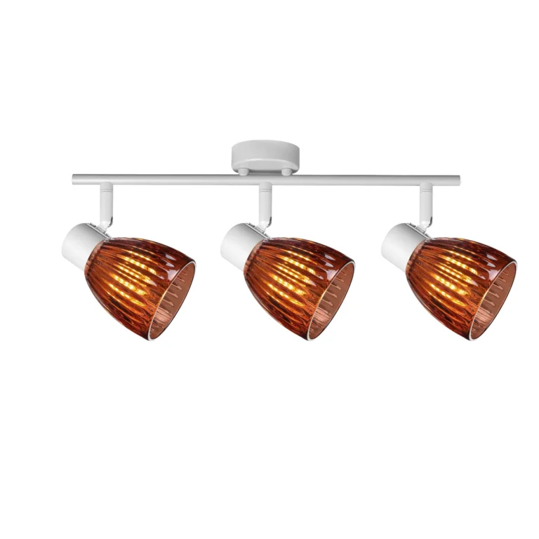 COGNAC 3 E14 Ceiling Spot Light WH in sand white with cognac ribbed glass shade, 3 heads, lit