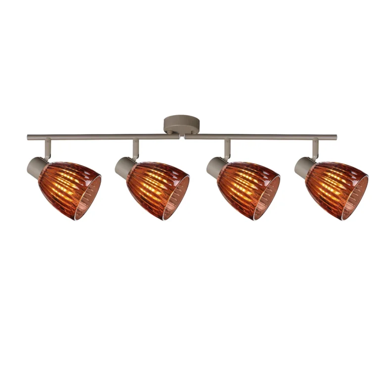 COGNAC 4 E14 Ceiling Spot Light BEI in beige with cognac ribbed glass shade, 4 heads, lit
