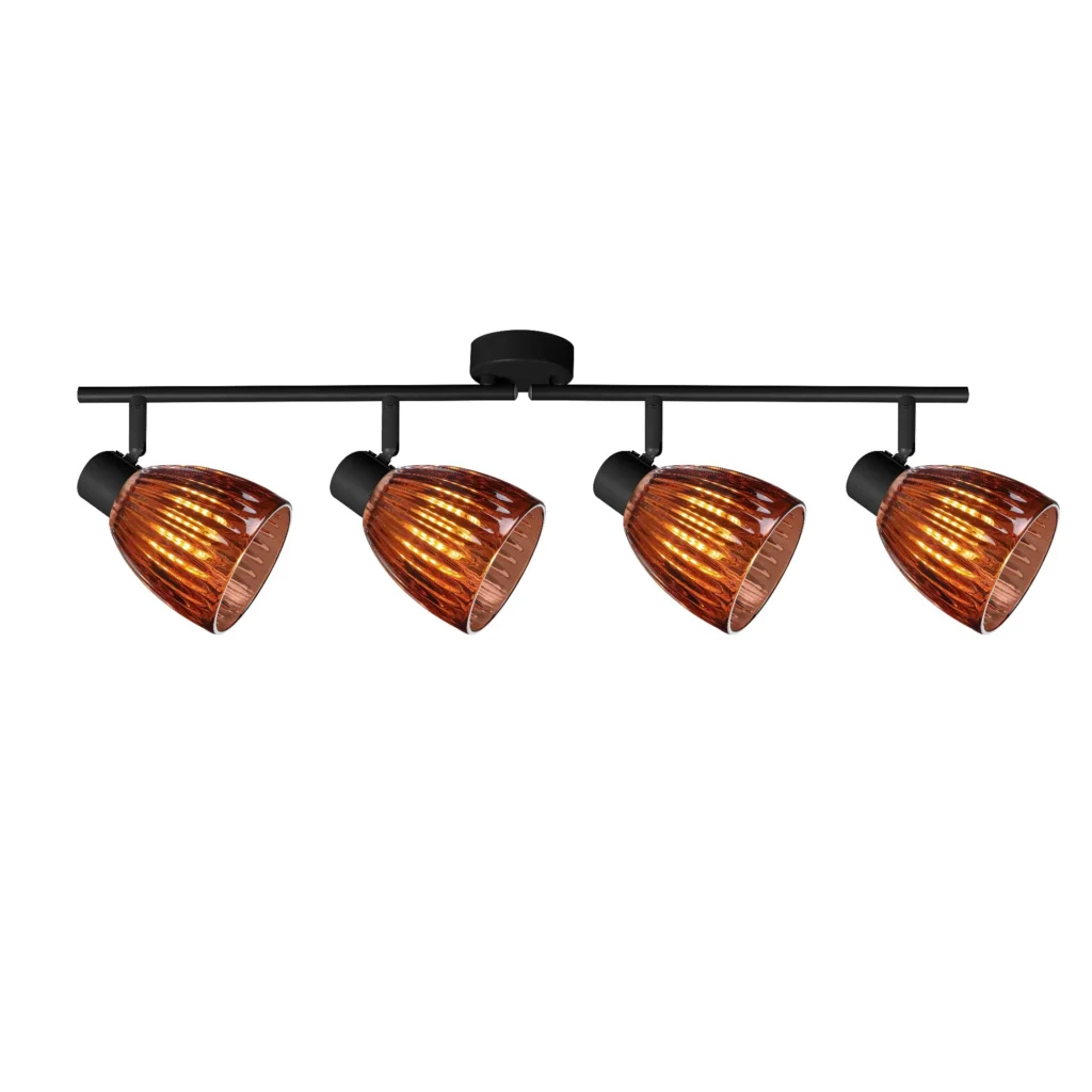 COGNAC 4 E14 Ceiling Spot Light BK in sand black with cognac ribbed glass shade, 4 heads, lit