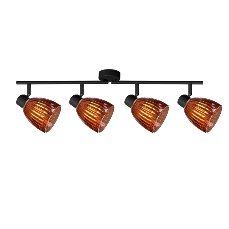 COGNAC 4 E14 Ceiling Spot Light BK in sand black with cognac ribbed glass shade, 4 heads, lit