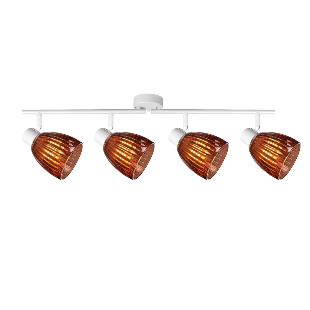 COGNAC 4 E14 Ceiling Spot Light WH in sand white with cognac ribbed glass shade, 4 heads, lit