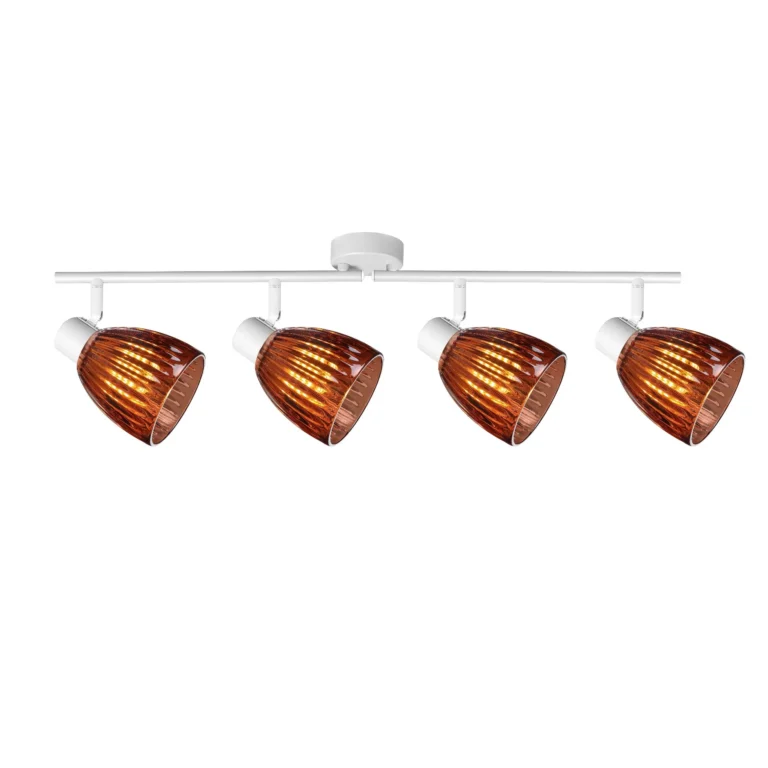COGNAC 4 E14 Ceiling Spot Light WH in sand white with cognac ribbed glass shade, 4 heads, lit
