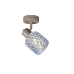 DEW 1 G9 Ceiling Spot Light BEI in beige with blue hobnail glass shade, 1 head, lit