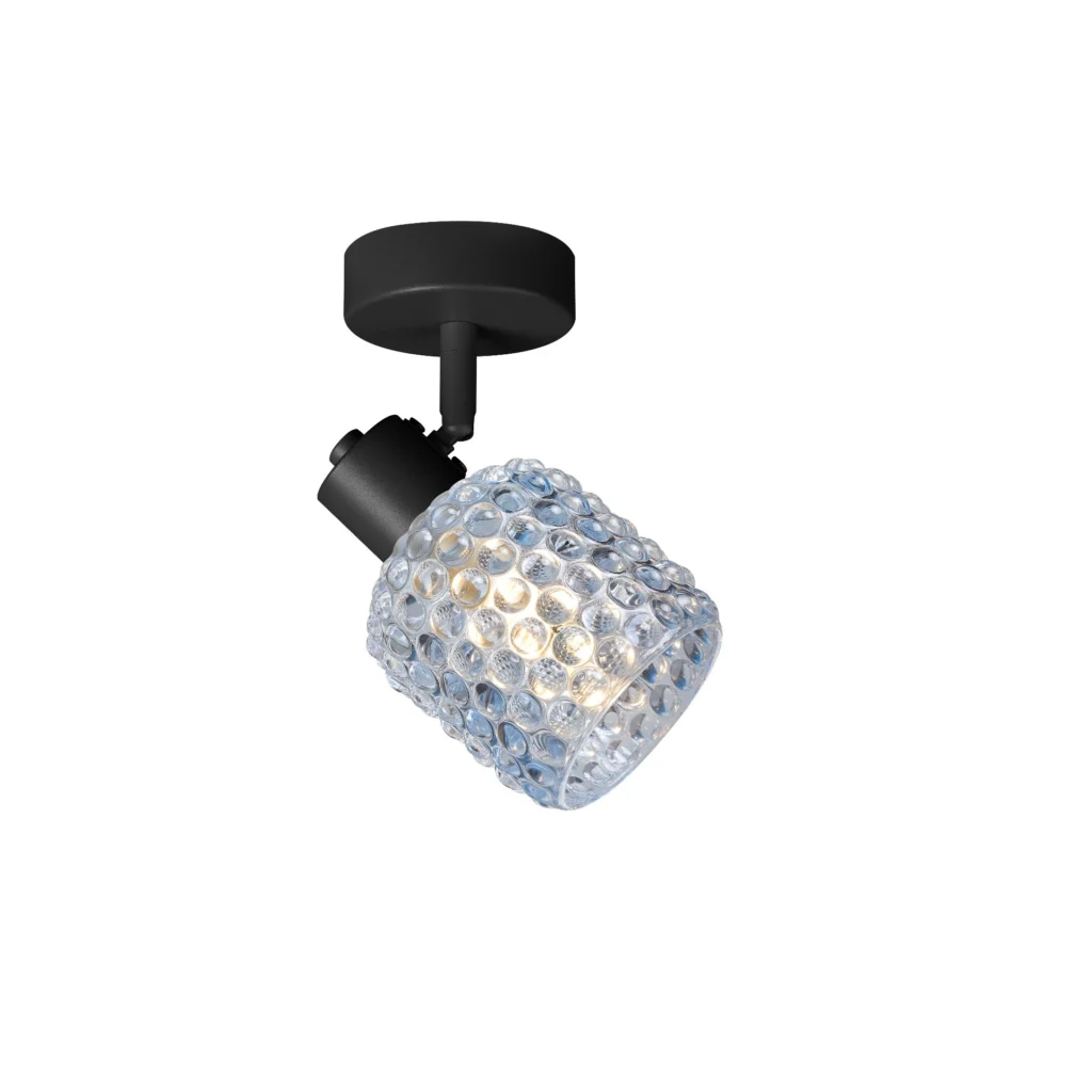 DEW 1 G9 Ceiling Spot Light BK in sand black with blue hobnail glass shade, 1 head, lit