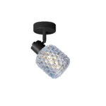 DEW 1 G9 Ceiling Spot Light BK in sand black with blue hobnail glass shade, 1 head, lit