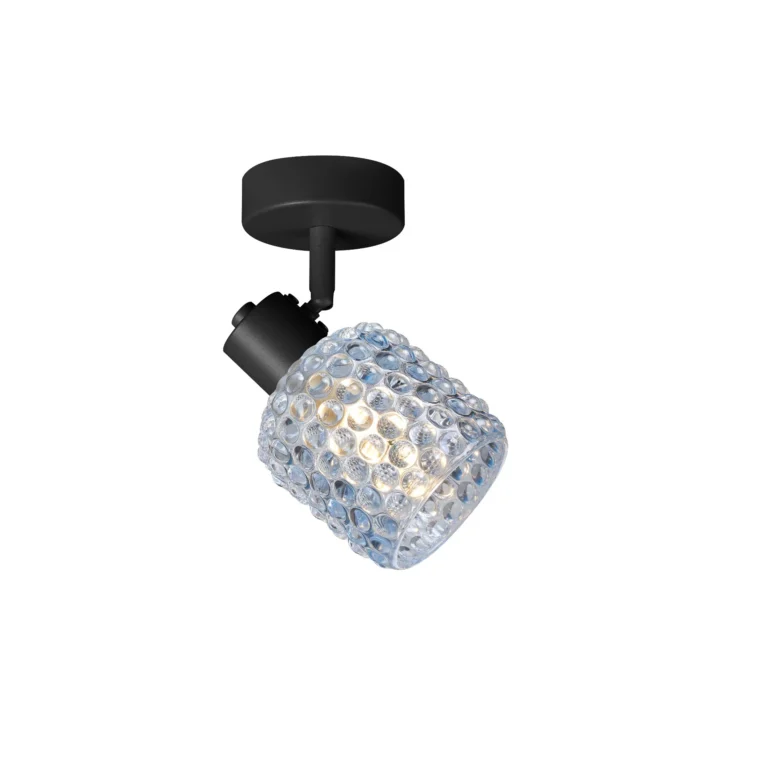 DEW 1 G9 Ceiling Spot Light BK in sand black with blue hobnail glass shade, 1 head, lit