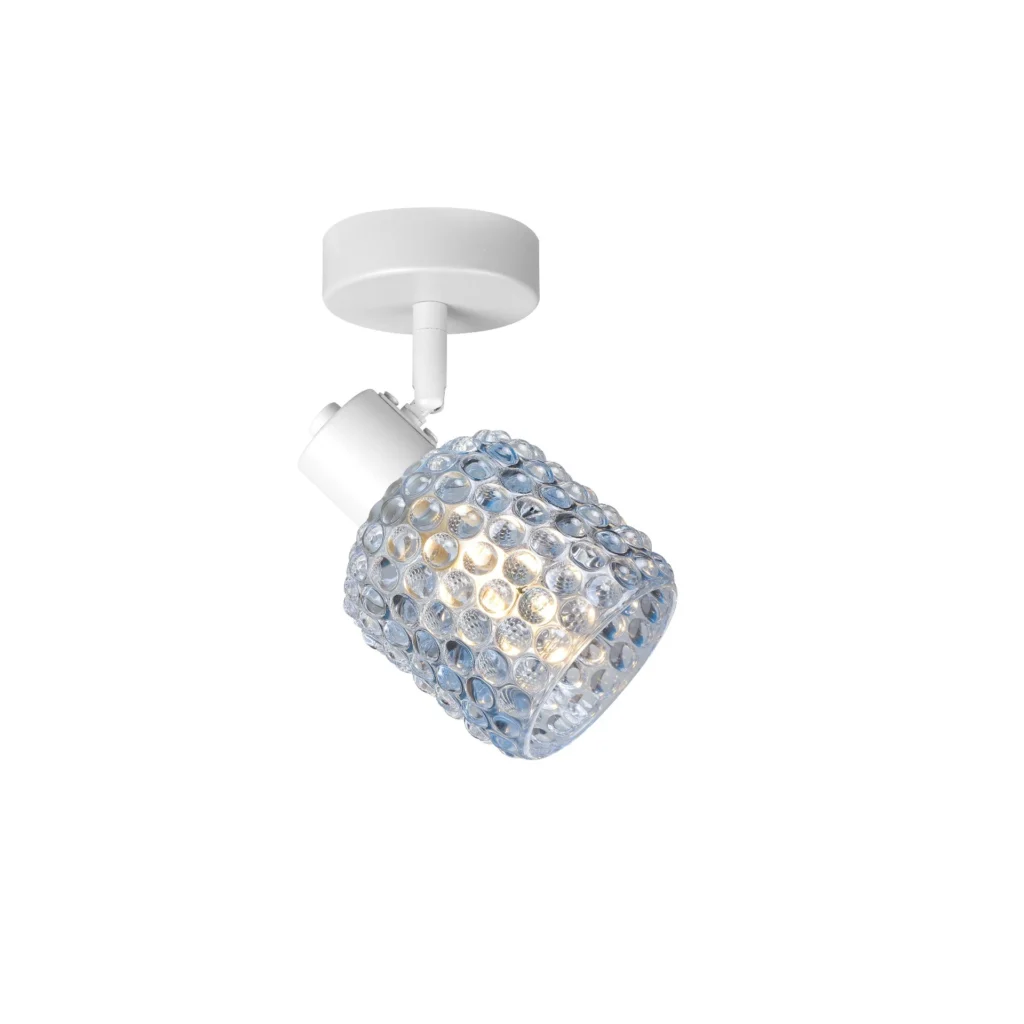 DEW 1 G9 Ceiling Spot Light WH in sand white with blue hobnail glass shade, 1 head, lit