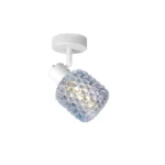 DEW 1 G9 Ceiling Spot Light WH in sand white with blue hobnail glass shade, 1 head, lit