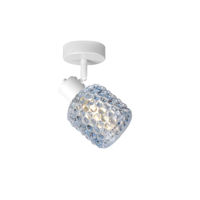 DEW 1 G9 Ceiling Spot Light WH in sand white with blue hobnail glass shade, 1 head, lit