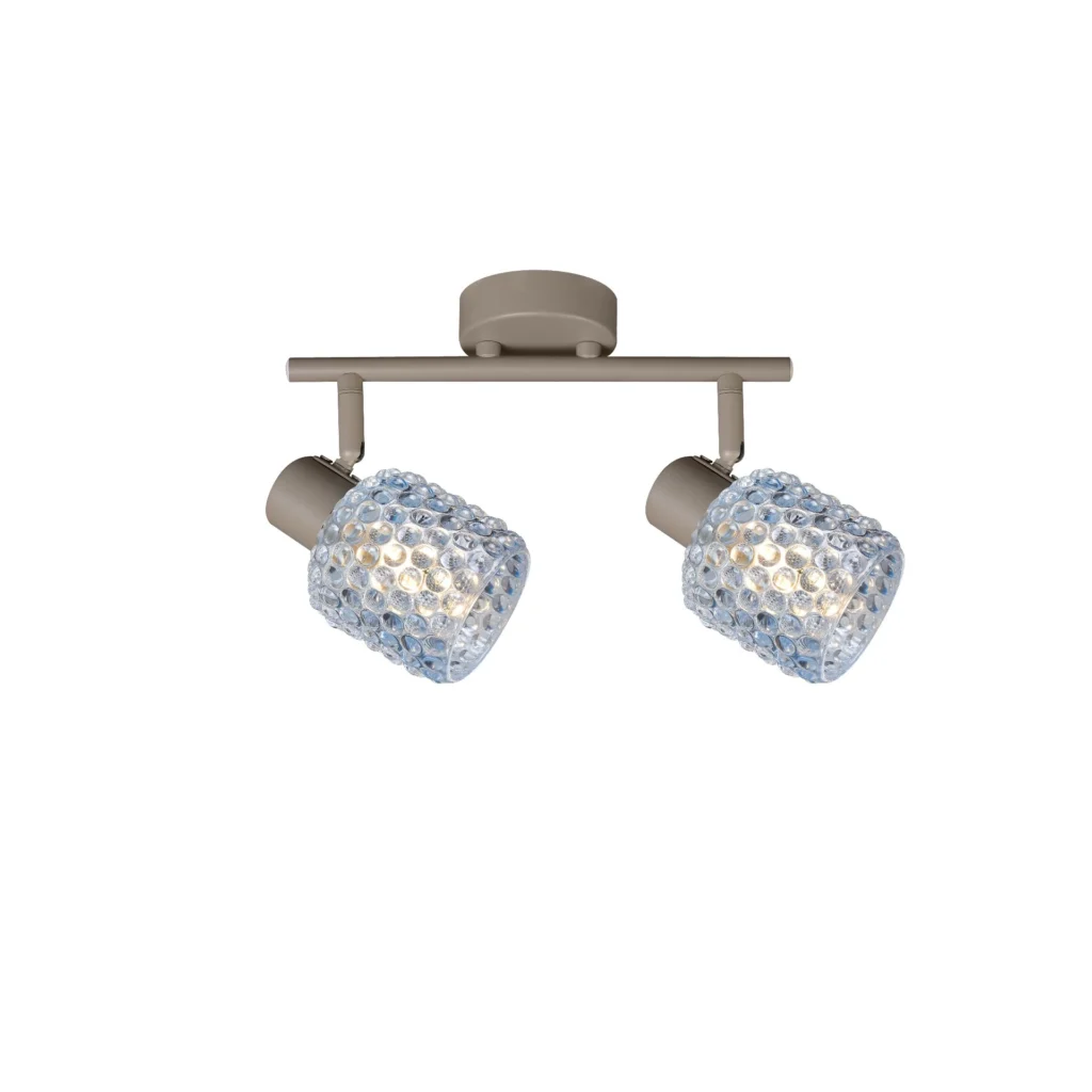 DEW 2 G9 Ceiling Spot Light BEI in beige with blue hobnail glass shade, 2 heads, lit