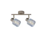 DEW 2 G9 Ceiling Spot Light BEI in beige with blue hobnail glass shade, 2 heads, lit